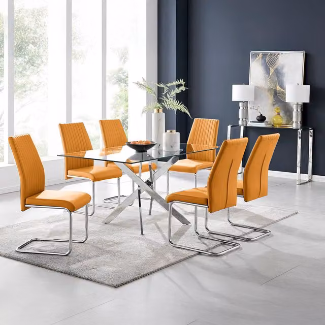FurnitureboxUK Leonardo Rectangular Glass Dining Table with Six Lorenzo Chairs in Yellow