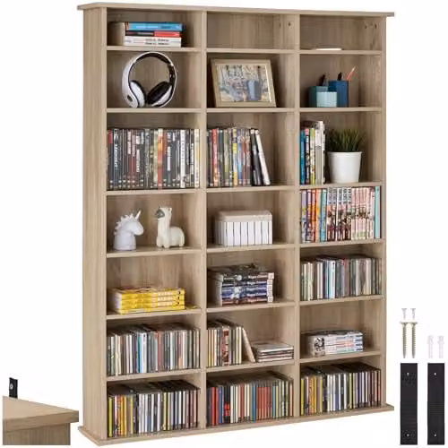 tectake CD Storage Unit in Light Wood with Adjustable Shelves and Media Compartments, H 136.5 x W 105.5 x D 19.0 cm