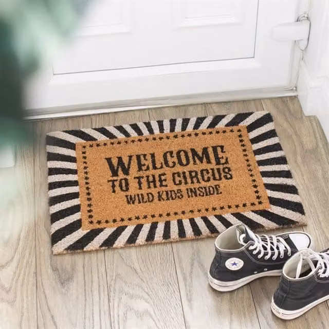 KDMK Welcome to the Circus Wild Kids Doormat, Black and White Striped Coir