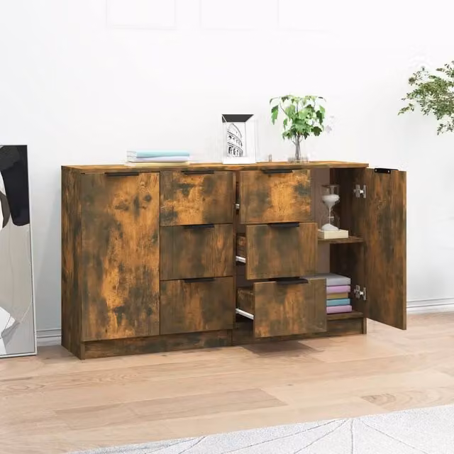 Berkfield Home Set of 2 Smoked Oak Sideboards in Brown, W/D/H: 60 x 30 x 70 cm – 1
