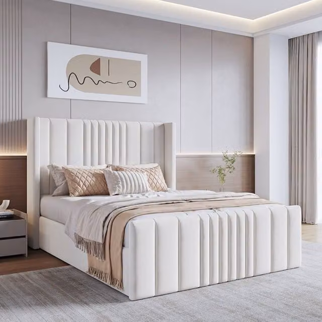 Modish Furnishing Mika Cream Velvet Upholstered Ottoman Storage Bed, W/D/H: 140 x 200 x 158 cm