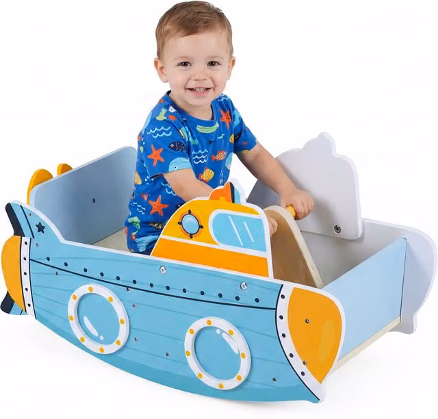Costway Blue Wooden Submarine-Themed Baby Rocker for Sensory and Motor Skill Development