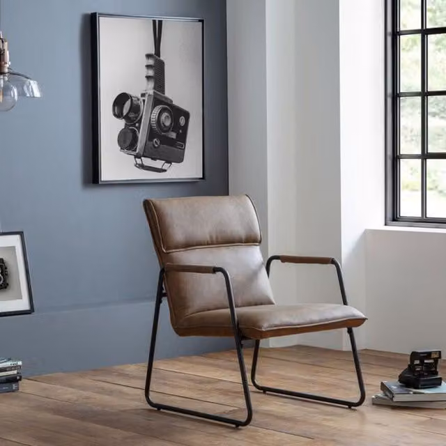 Ashfield Industrial Faux Leather Armchair with Black Metal Frame in Brown