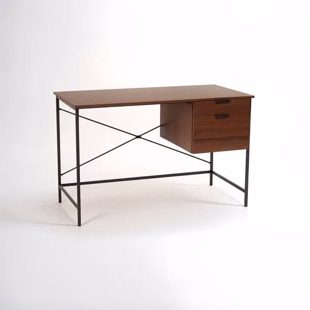 Orsina Industrial Computer Desk with Black Metal Frame and Walnut MDF Laminate Top in Brown – 1
