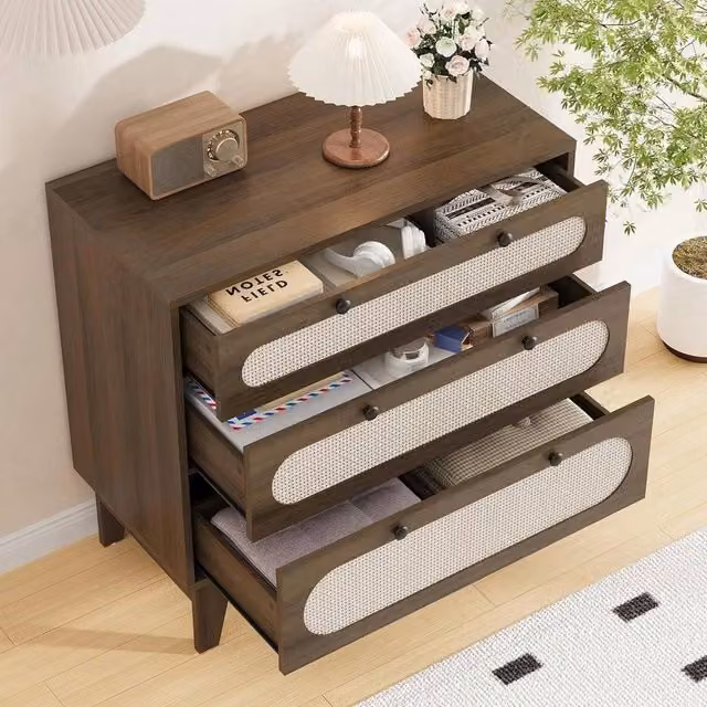 Nordara 3-Drawer Bedside Table in Brown with Rattan and Wood Details – 1