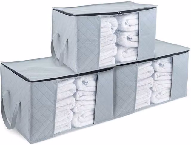 Nordara 3-Piece Fabric Storage Bag Set with Clear Windows and Handles in Grey