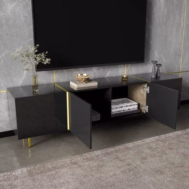 Matteo Modern High-Gloss Black and Gold TV Cabinet with 4 Storage Doors and Soft-Close Drawers – 1