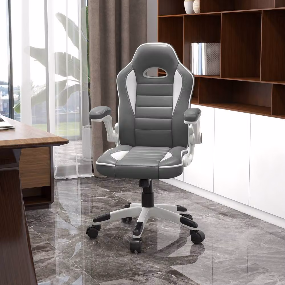 ERGOVEXA Grey Synthetic Leather Gaming Chair with Height Adjustment and Headrest – 4
