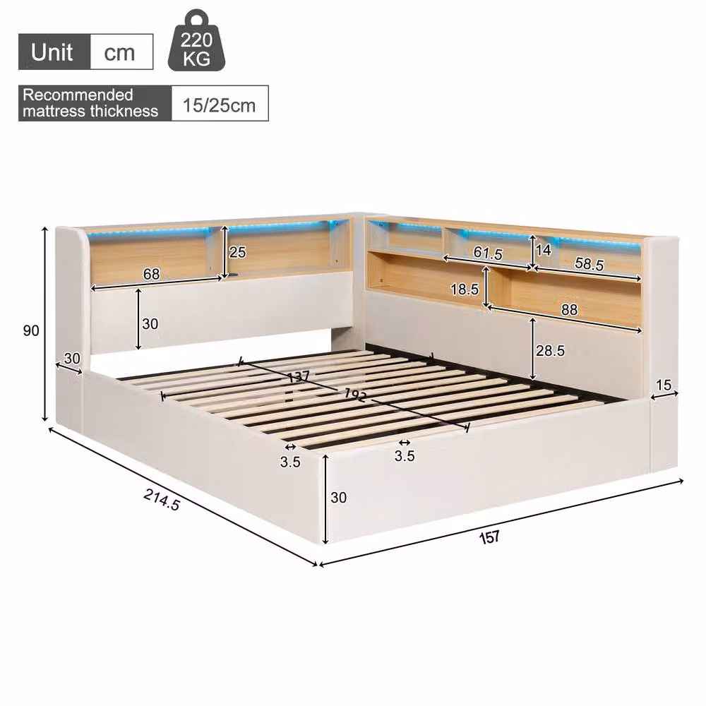 Rolipo Velvet L-Shaped Hydraulic Storage Bed with LED Lighting and USB Charging Port, Beige, W: 135 cm, L: 190 cm – 3