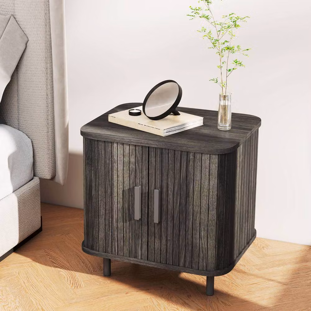 STILVORA Grey Bedside Table with Sliding Doors – 2