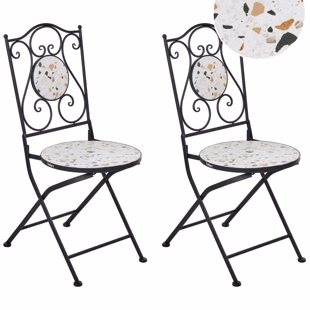 Wyld and Coco Set of 2 Black Metal Folding Chairs with Terrazzo Pattern Ceramic Backrest – 2
