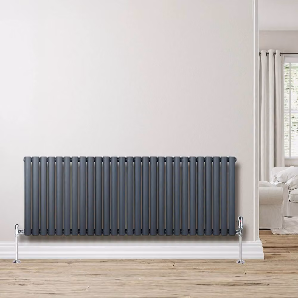 Monstershop Oval Single Column Steel Radiator and Valves with Thermostat Head, Anthracite Grey, H: 162 cm, W: 60 cm – 4
