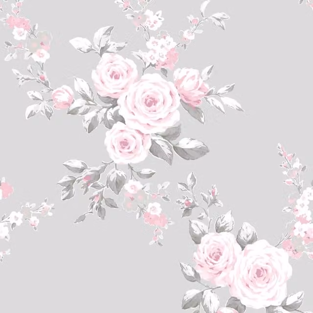 Catherine Lansfield Canterbury Floral Designer Wallpaper in Grey, Pink and White