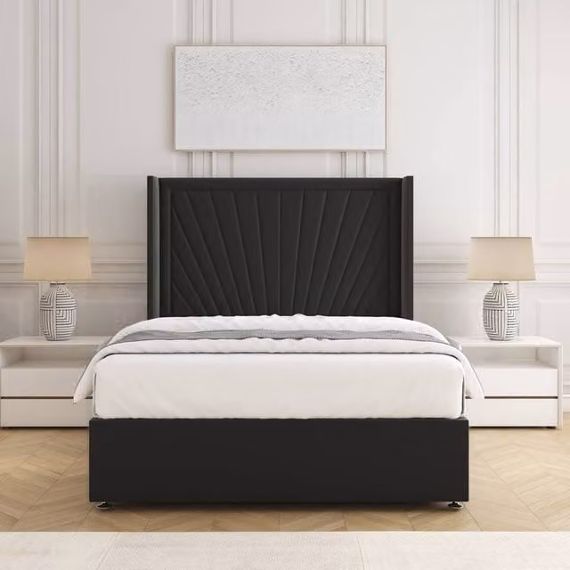 BSSPOKE Alina Divan Bed Set with 54 inch Headboard and Mattress in Black Plush Velvet, W/D/H: 180 x 200 cm