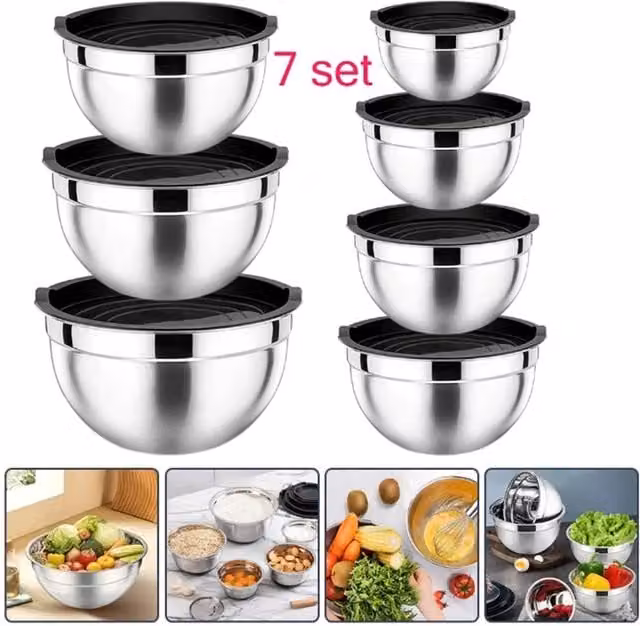 Nordara 14 Pack Stainless Steel Round Mixing Bowl Set with Lids in Silver