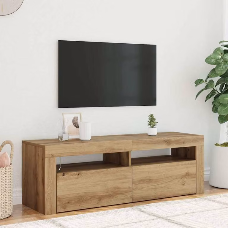 Berkfield Home Artisan Oak TV Cabinet with LED Lights in Brown, W/D/H: 120 x 35 x 40 cm