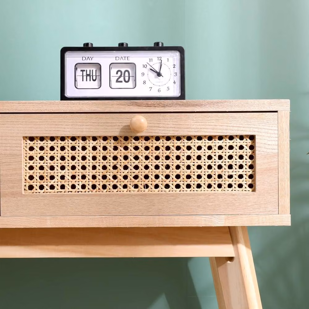 SPOT ON DEALZ Narrow Hallway Bedside Table with Rattan Drawers in Light Oak, W/D/H: 30.0 x 15.0 x 77.0 cm – 3