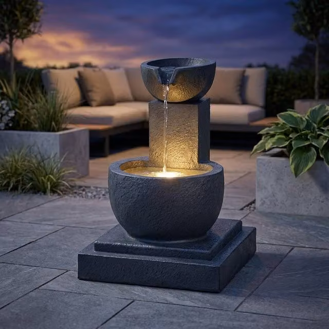 Garden Greatness Fengshui Falls Hybrid Solar Garden Water Feature in Anthracite Grey, W/D/H: 36 x 36 x 50 cm