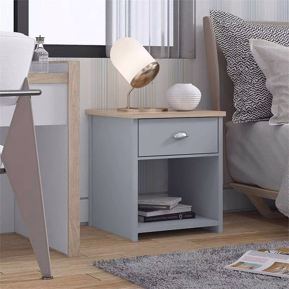 Nordara Oak Bedside Table with Deep Drawer and Wood Shelf in Grey – 3