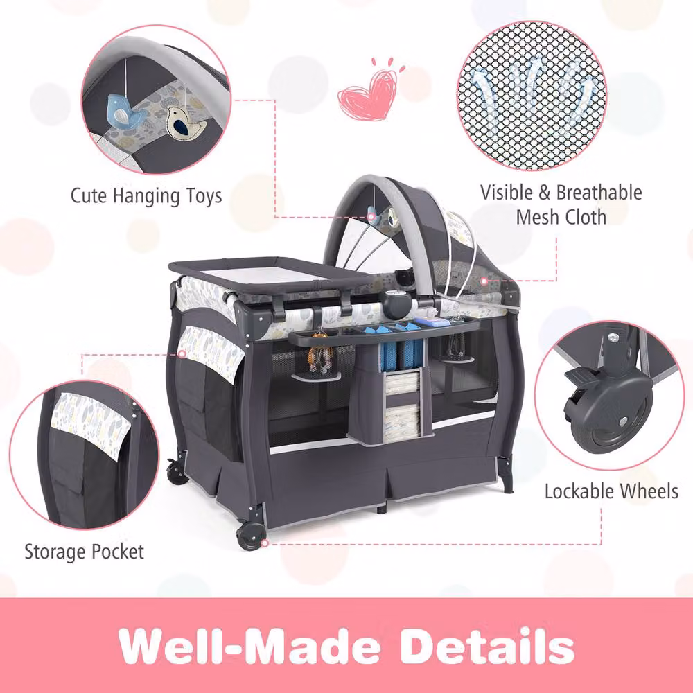CASART 5 in 1 Portable Pack and Play Baby Nursery Center with Bassinet and Travel Bag in Grey Floral – 11