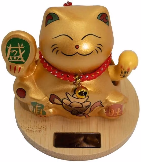 KDMD Solar Moving Hand Money Cat Ornament with Gold and Red Accents and Wooden Base – 1