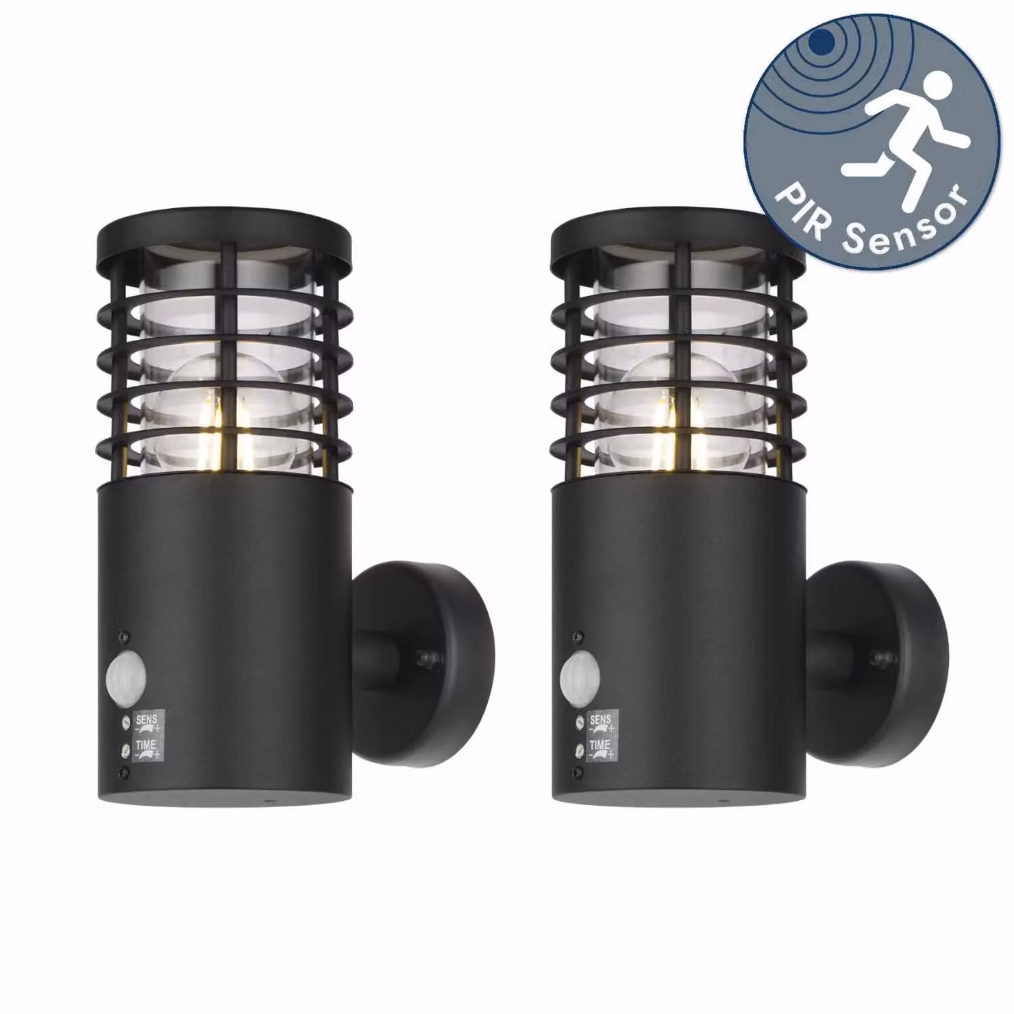 First Choice Lighting Bloom Set of 2 Black IP44 Outdoor Motion Sensor Wall Lights with Transparent Cover – 2
