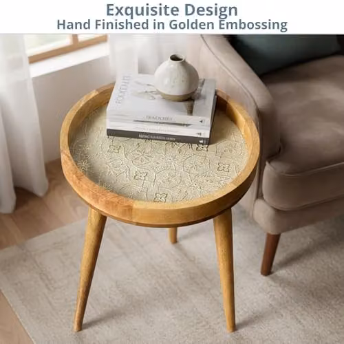 Hartsmede Mango Wood Round Side Table with Resin-Coated Enamel Top in Ivory and Brown, W/D/H: 37 x 37 x 20 cm – 10