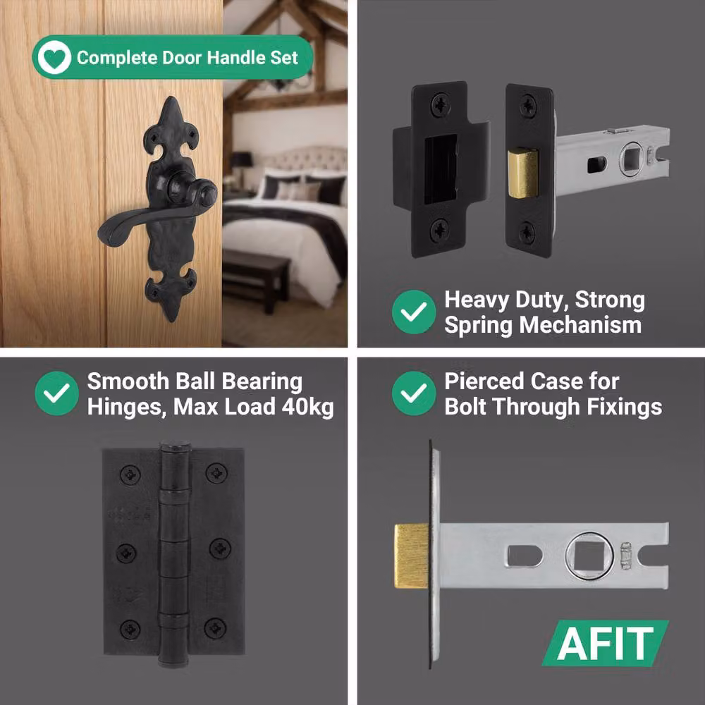 AFIT Black Antique Cast Iron Door Handles and Hinges Set – 4