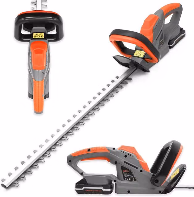 Terratek 20V Cordless Reciprocating Hedge Trimmer with 51cm Blade, Rechargeable Battery and Quick Charger in Orange and Grey – 6