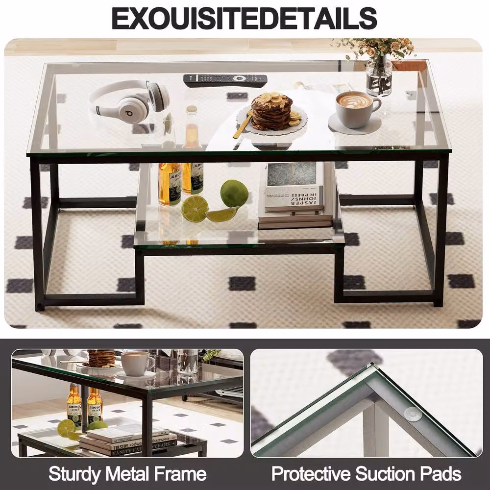Huhote Modern Rectangular 2-Tier Coffee Table with Glass Top and Black Metal Frame, W/D/H: 100 x 47.75 x 45.2 cm – 8