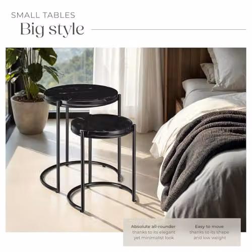 tectake Set of 2 Round Nesting Coffee Tables in Black Marble Look with Height-Adjustable Metal Frames – 5