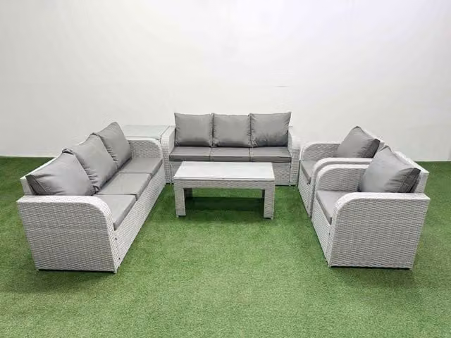 Fimous PE Rattan Patio Lounge Set in Light Grey with 3 Seater Sofa, Reclining Armchair, Oblong Coffee Table and Side Table