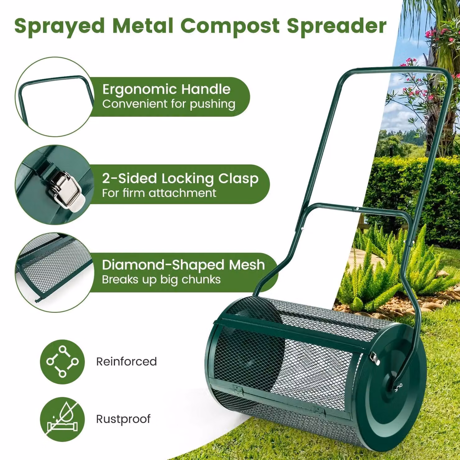 Costway 27 Inch Compost and Peat Moss Spreader with Upgraded U-Shaped Handle in Green – 5