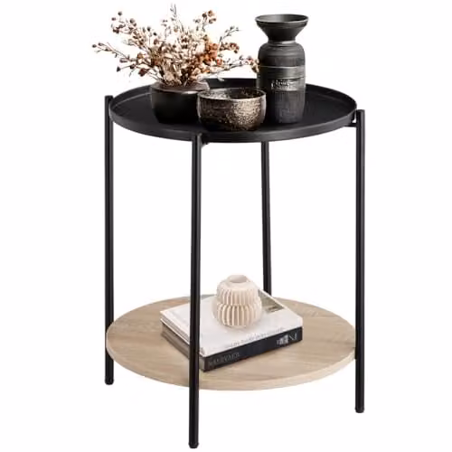 tectake Round Side Table with 2 Shelves and Metal Frame in Oak and Black, Ø 45.5 x H 54.5 cm – 1
