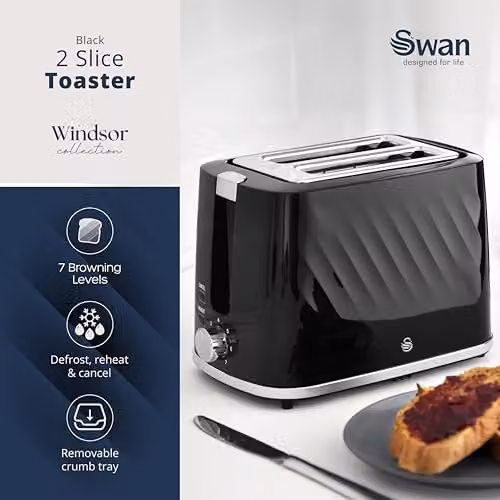 Swan Windsor 2 Slice Toaster, 900W, Black – 2