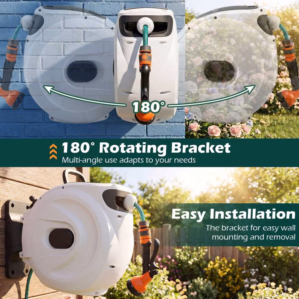Gymax White Wall-Mounted Retractable Hose Reel with Auto-Rewind, 1/2 Inch, 20m + 2m – 5