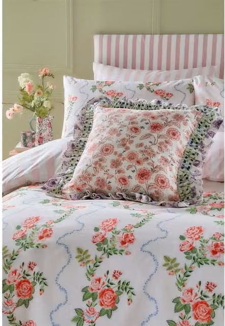 Cath Kidston Rose Flutter Floral Cotton Percale Duvet Cover Set in Pink and Green, W: 140 cm, L: 200 cm