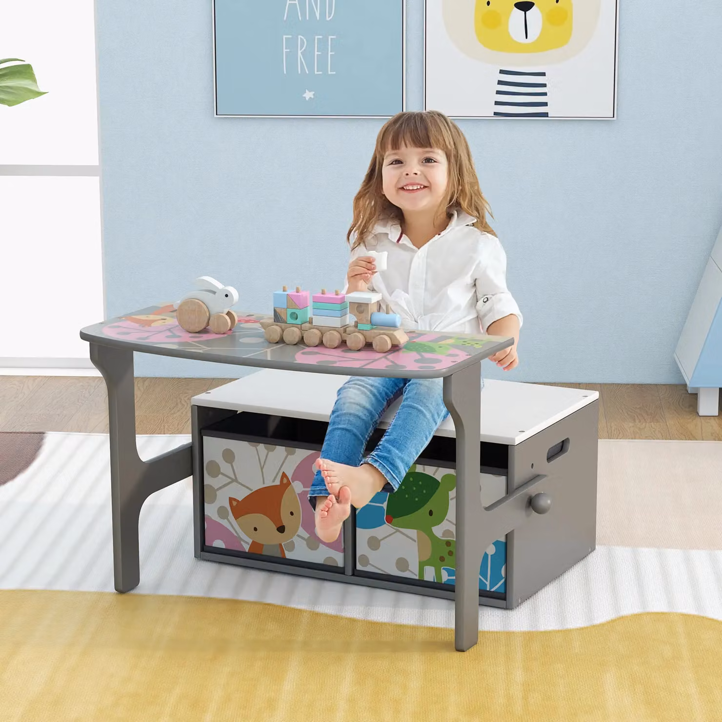Costway 3-in-1 Convertible Activity Bench Table and Chair Set with Toy Storage in Grey – 2