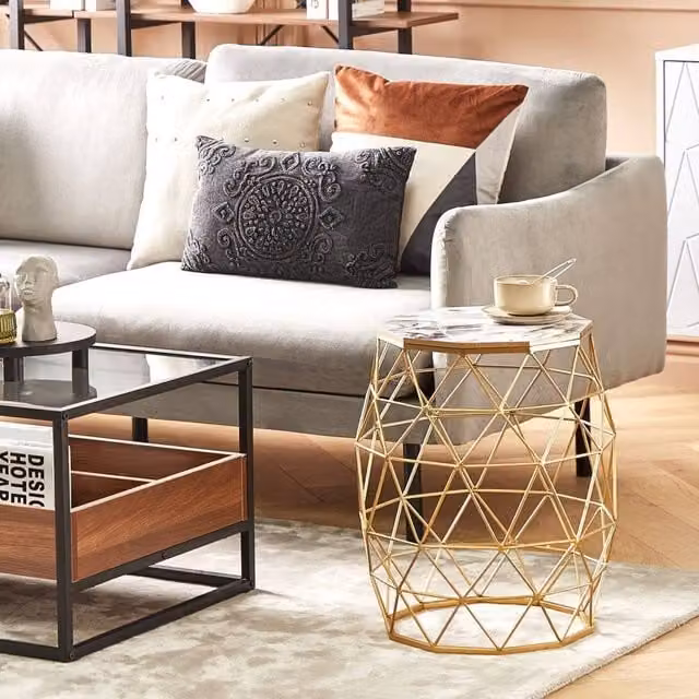 Wyld and Coco Gold Marble-Effect Round Side Table with MDF Top and Iron Cage Base, Height: 43 cm – 1