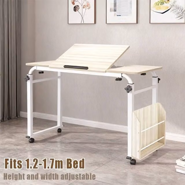 FORGEVIO Height and Width Adjustable Over Bed Table and Laptop Desk in White