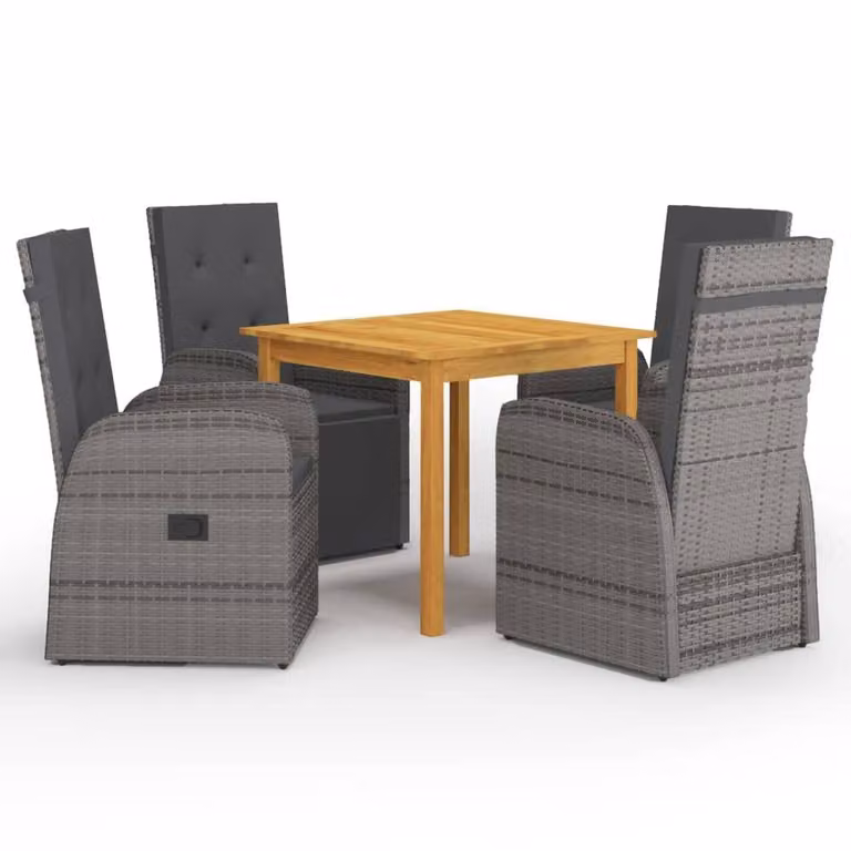 Berkfield Home 5 Piece Grey Poly Rattan Garden Dining Set with Acacia Wood Table and Cushions