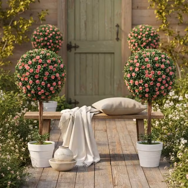 Wyld Haus Roviyo Set of 2 Pink Artificial Rose Topiary Ball Trees in Pots, Height: 60 cm – 1
