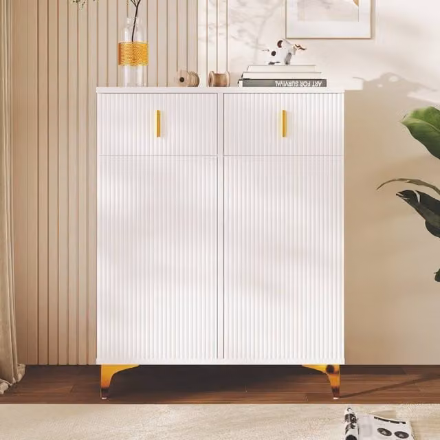 BTM Elegant White and Gold Glossy Sideboard Shoe Cabinet with Adjustable Shelves, W/D/H: 101 x 35 x 83 cm – 1