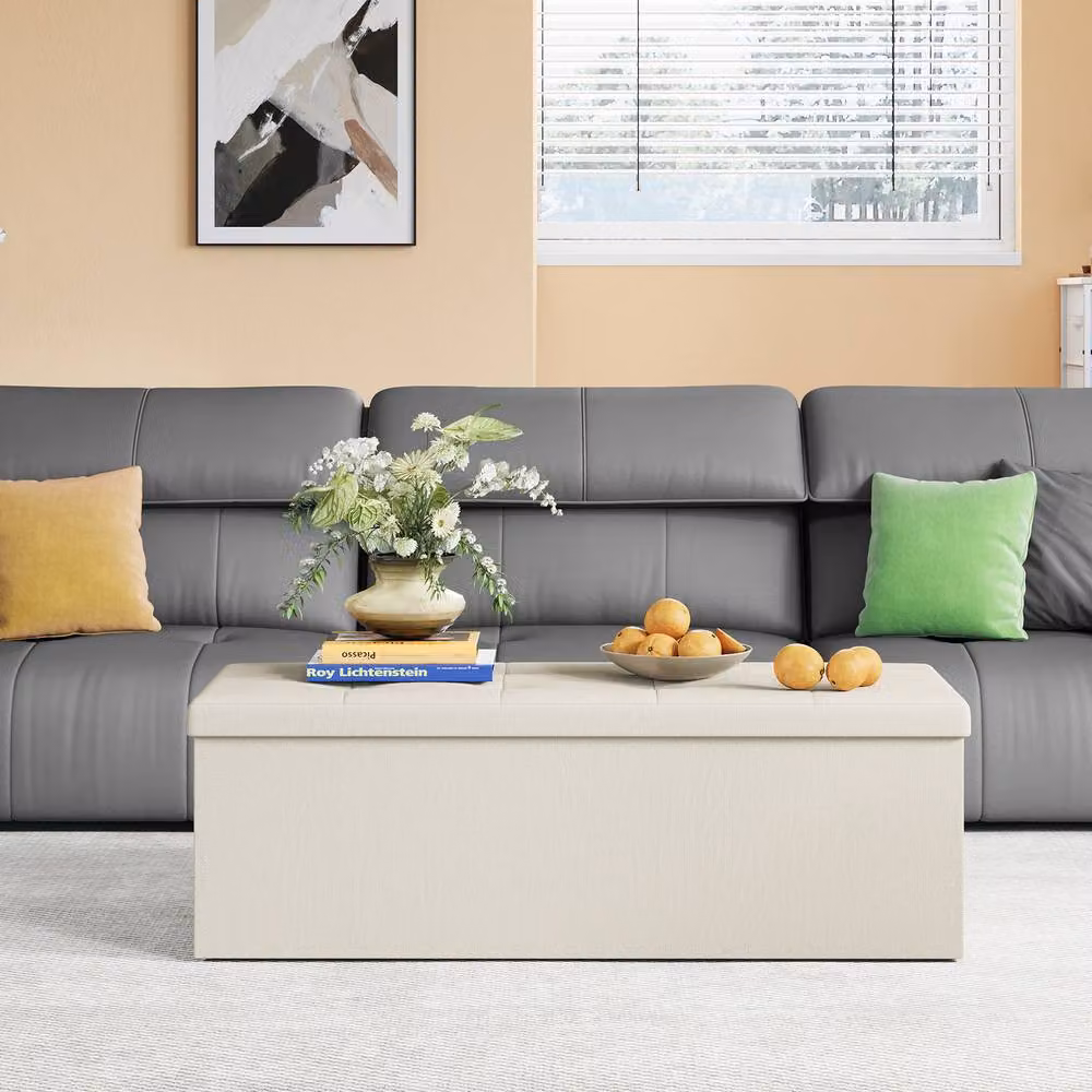 Dprodo Linen Storage Ottoman Folding Foot Rest Stool in Beige, W/D/H: 110 x 38 x 38 cm – 3