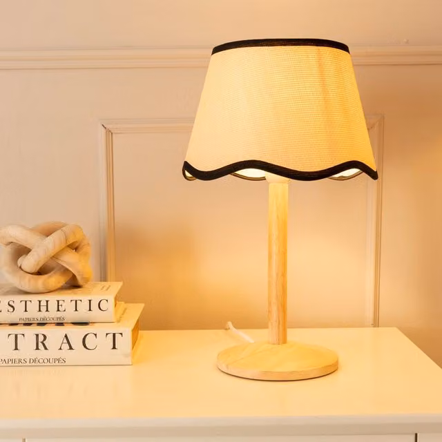 ValueLights Triston Natural Wood Stem Table Lamp with Black Scallop Trim Fabric Shade – 1