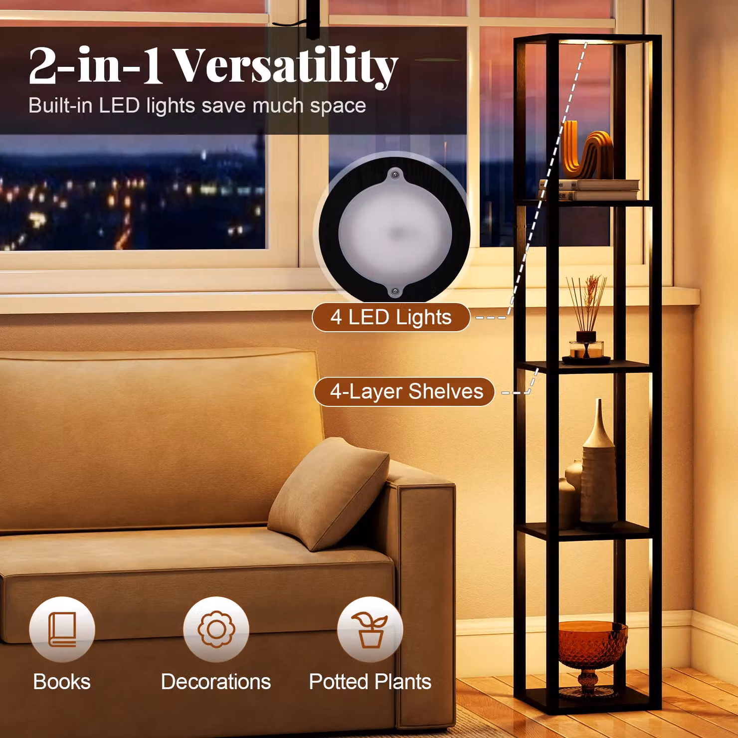 Costway Black LED Floor Lamp with 4-Tier Wood and Metal Shelves and Dimmable Adjustable Lighting – 9