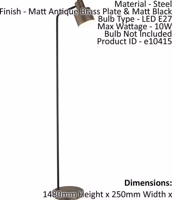 Loops LED Floor Lamp in Matt Antique Brass and Matt Black with E27 Bulb, H 148 cm x W 34 cm x D 34 cm