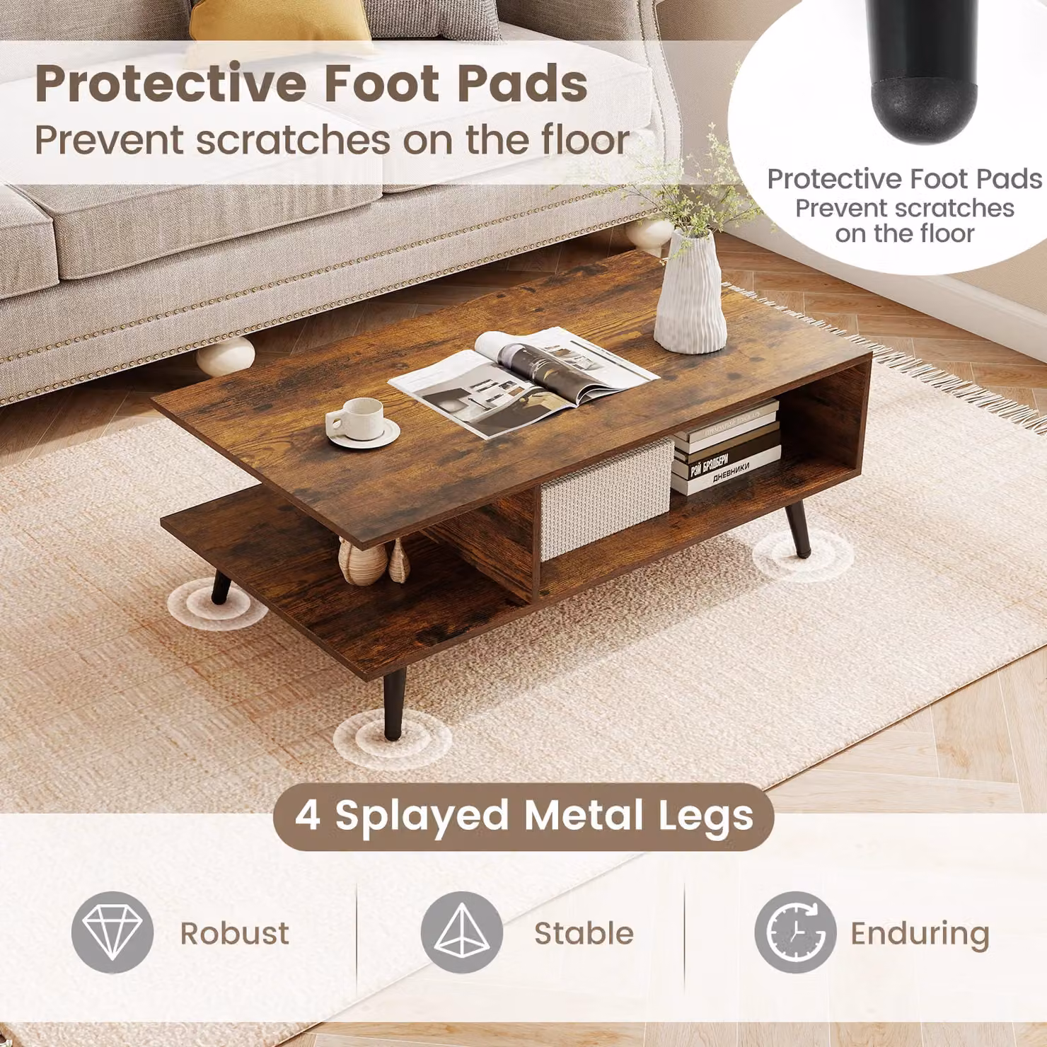 Gymax Mid Century Modern 2-Tier Rectangular Coffee Table with Metal Legs in Brown – 6