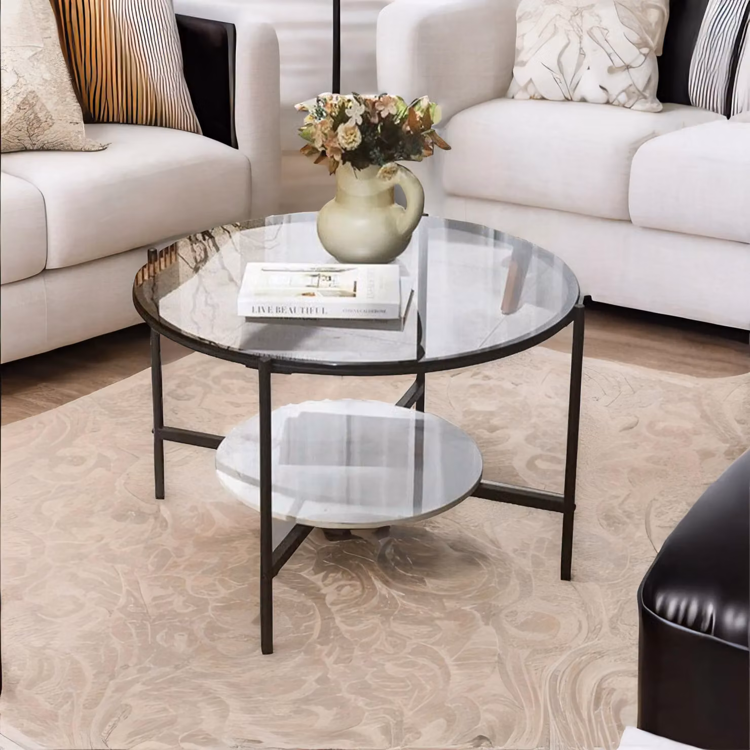 Pirlo Plush 2 Tier Round Faux Marble and Glass Coffee Table in Black, Brown or Blue, W/D/H: 80 x 79.7 x 47.5 cm – 2
