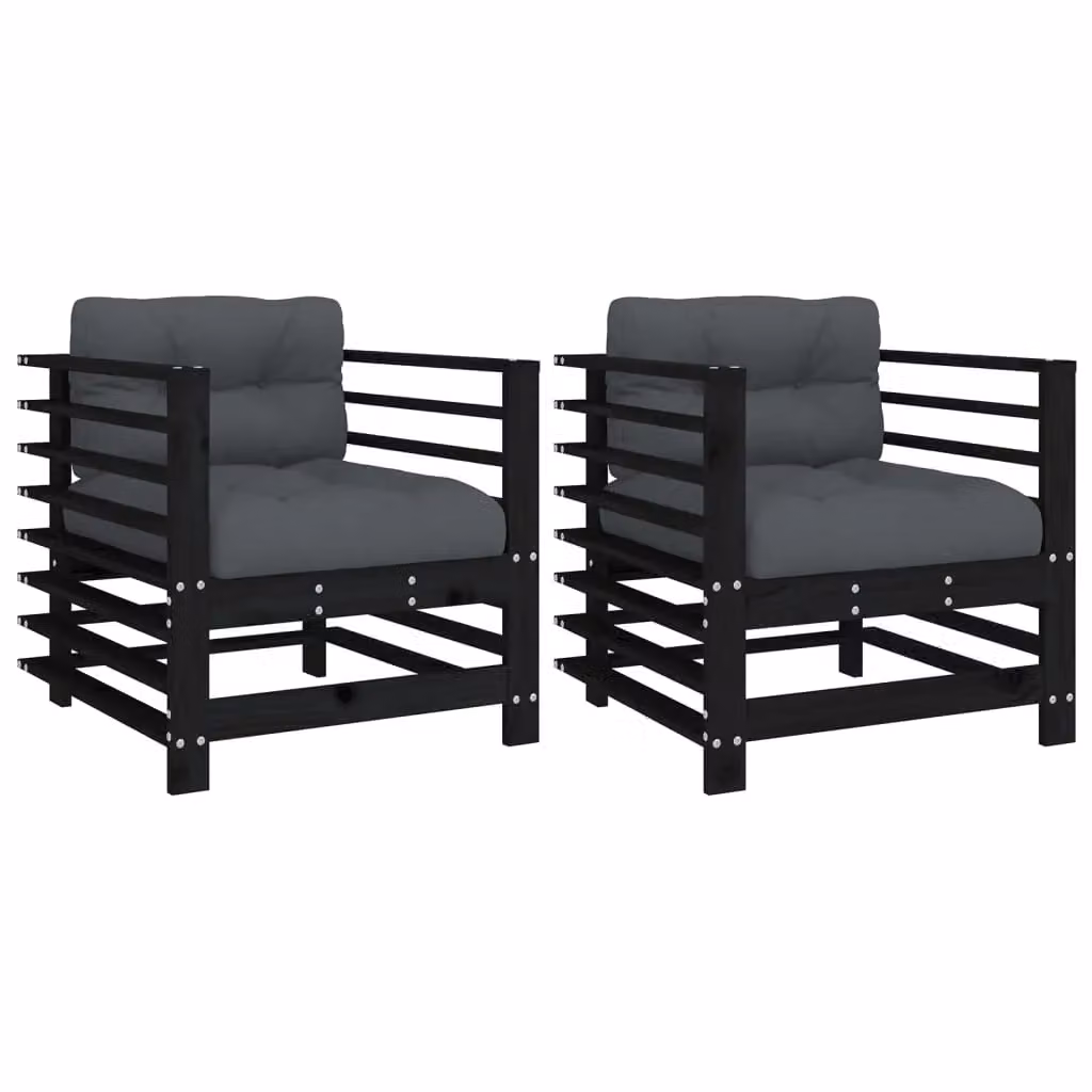 Berkfield Home Set of 2 Rustic Black Pine Garden Chairs with Fabric Cushions and Armrests – 2
